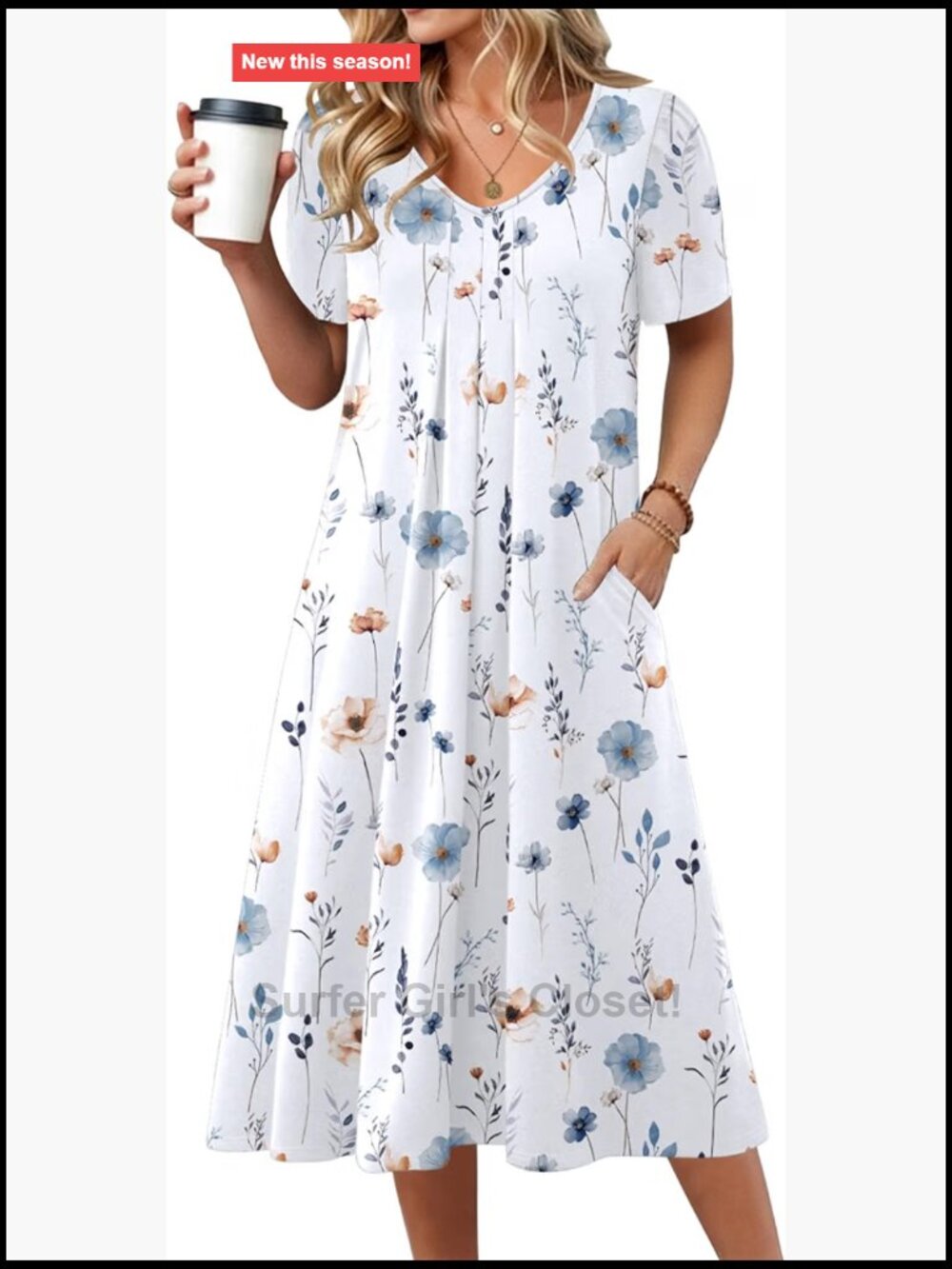 Floral Midi Sundress with Pockets Short Sleeve V-Neck A-Line Casual Summer Dress